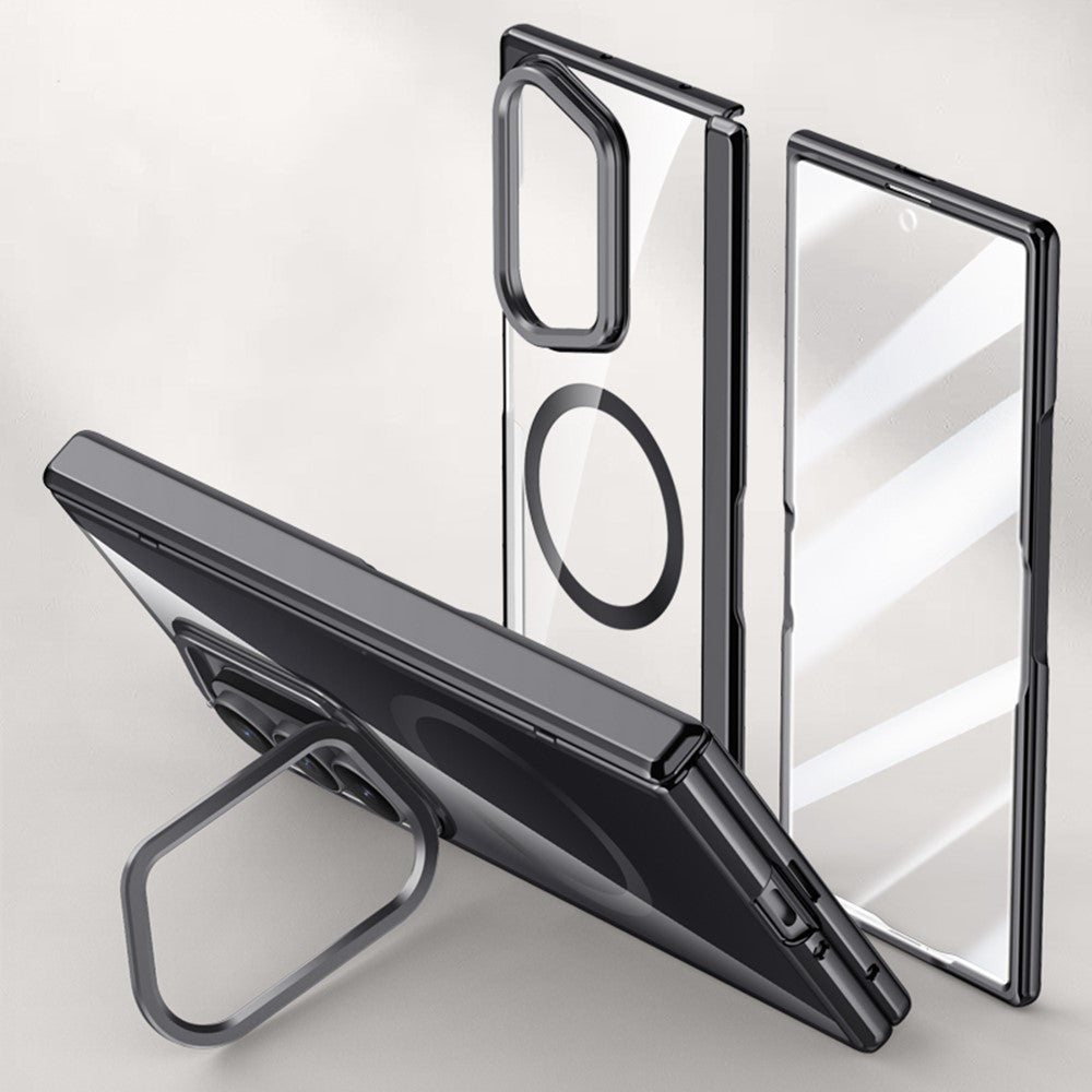 For Samsung Galaxy Z Fold7 5G Magnetic Case PC + Acrylic Phone Cover with HD Tempered Glass Film, Lens Kickstand - Black