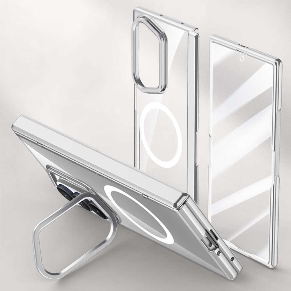 For Samsung Galaxy Z Fold7 5G Magnetic Case PC + Acrylic Phone Cover with HD Tempered Glass Film, Lens Kickstand - Silver