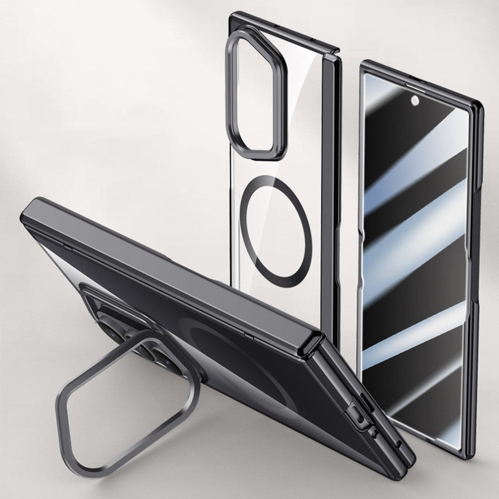 For Samsung Galaxy Z Fold7 5G Magnetic Case PC + Acrylic Phone Cover with Anti-Spy Screen Protector, Lens Kickstand - Black