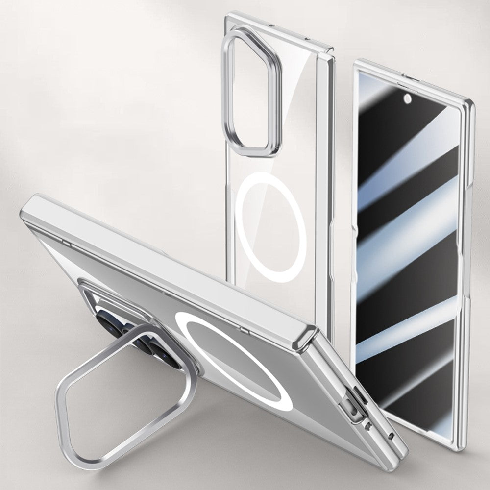 For Samsung Galaxy Z Fold7 5G Magnetic Case PC + Acrylic Phone Cover with Anti-Spy Screen Protector, Lens Kickstand - Silver
