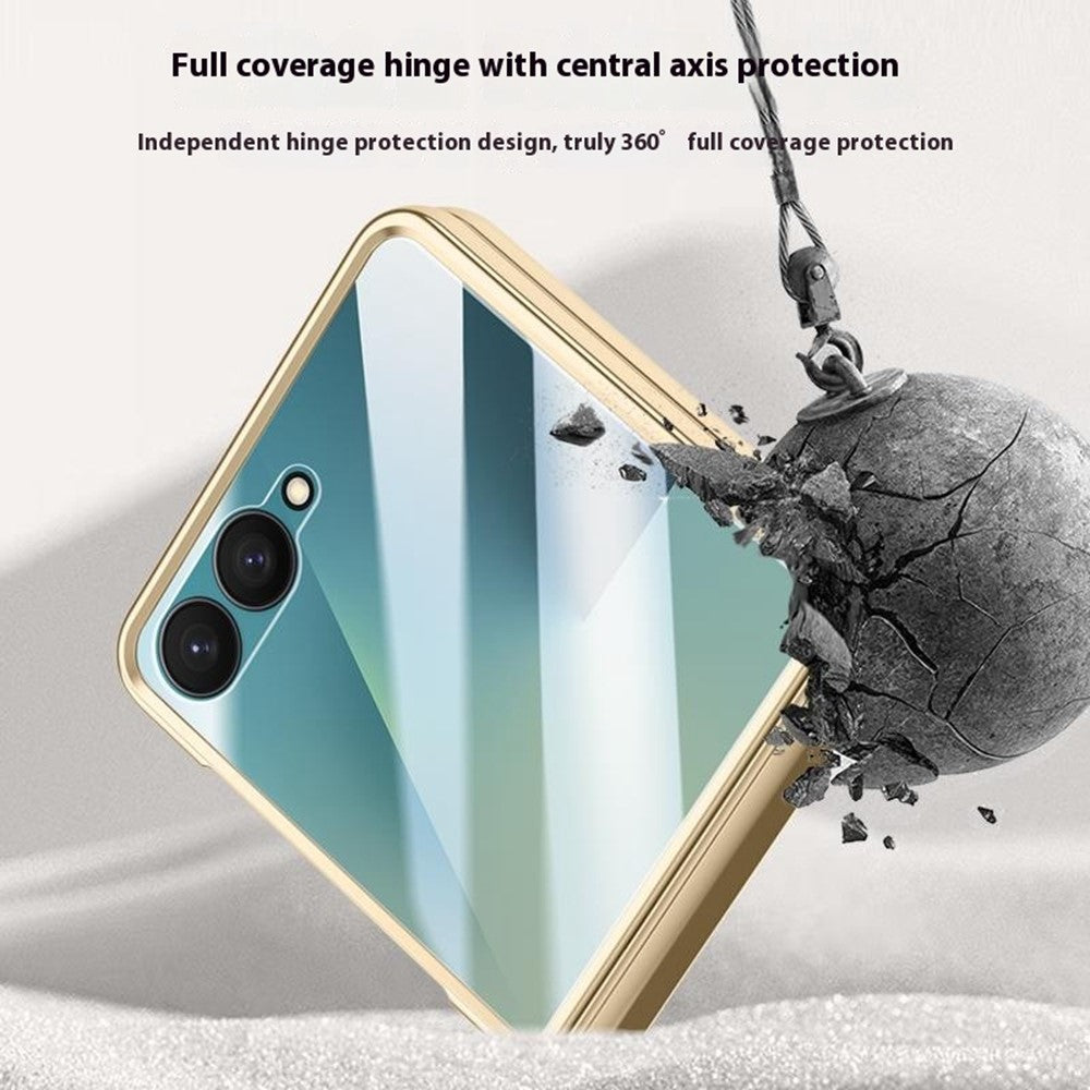 For Samsung Galaxy Z Flip7 5G Case Hinge Protection Leather + PC Electroplated Phone Cover with HD Rear Small Screen Protector - Black