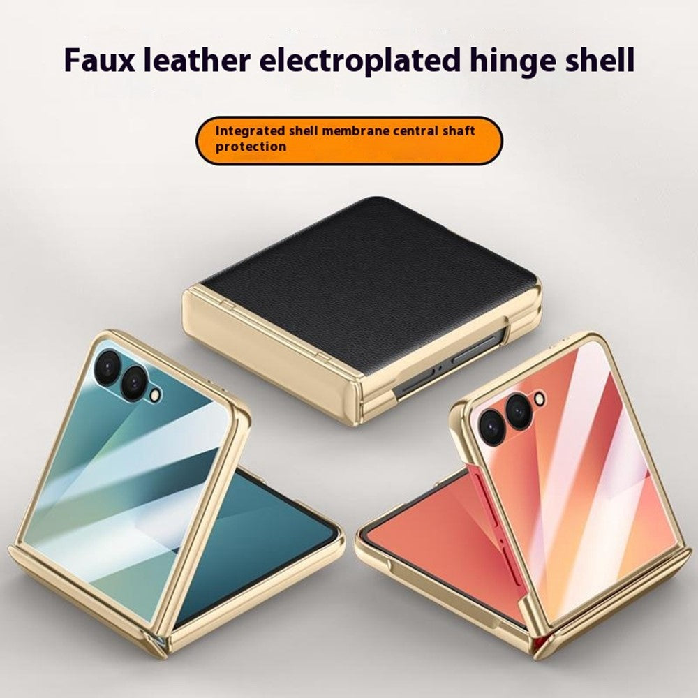 For Samsung Galaxy Z Flip7 5G Case Hinge Protection Leather + PC Electroplated Phone Cover with HD Rear Small Screen Protector - Black