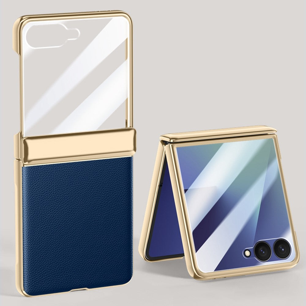 For Samsung Galaxy Z Flip7 5G Case Hinge Protection Leather + PC Electroplated Phone Cover with HD Rear Small Screen Protector - Blue