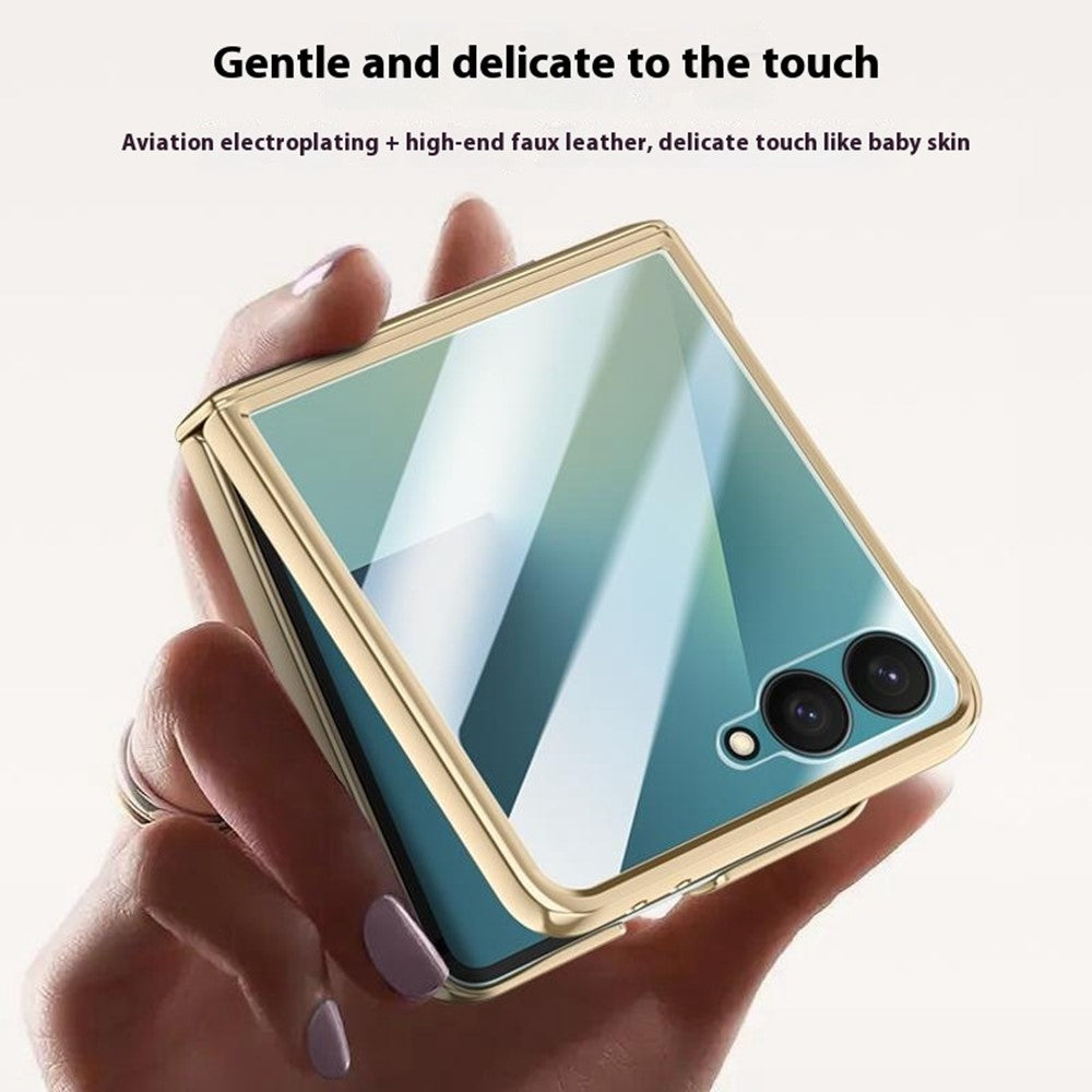 For Samsung Galaxy Z Flip7 5G Case Hinge Protection Leather + PC Electroplated Phone Cover with HD Rear Small Screen Protector - Blue