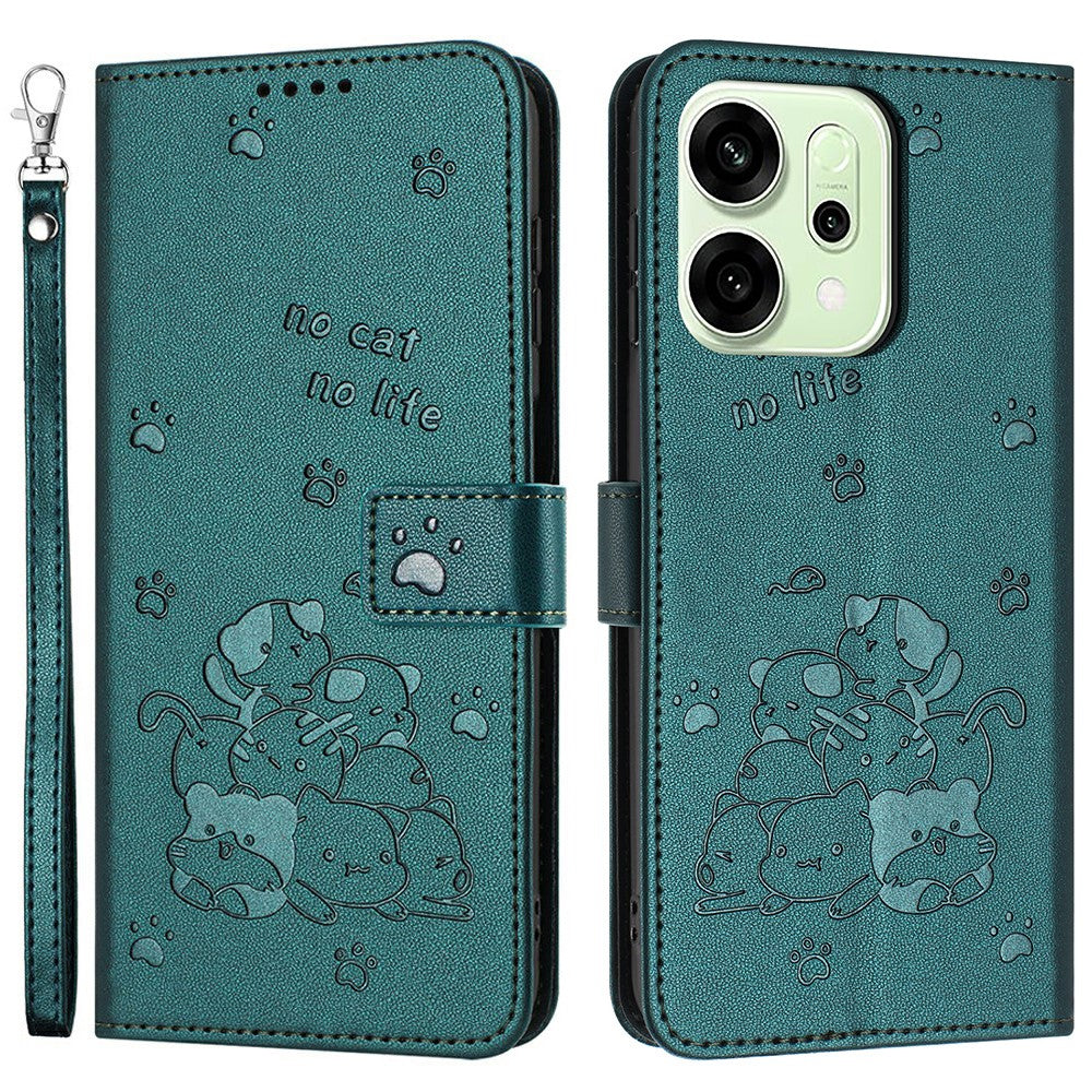 For Oppo Reno14 Pro 5G (Global) Wallet Case Cats Imprint Leather Phone Cover with Strap - Dark Green