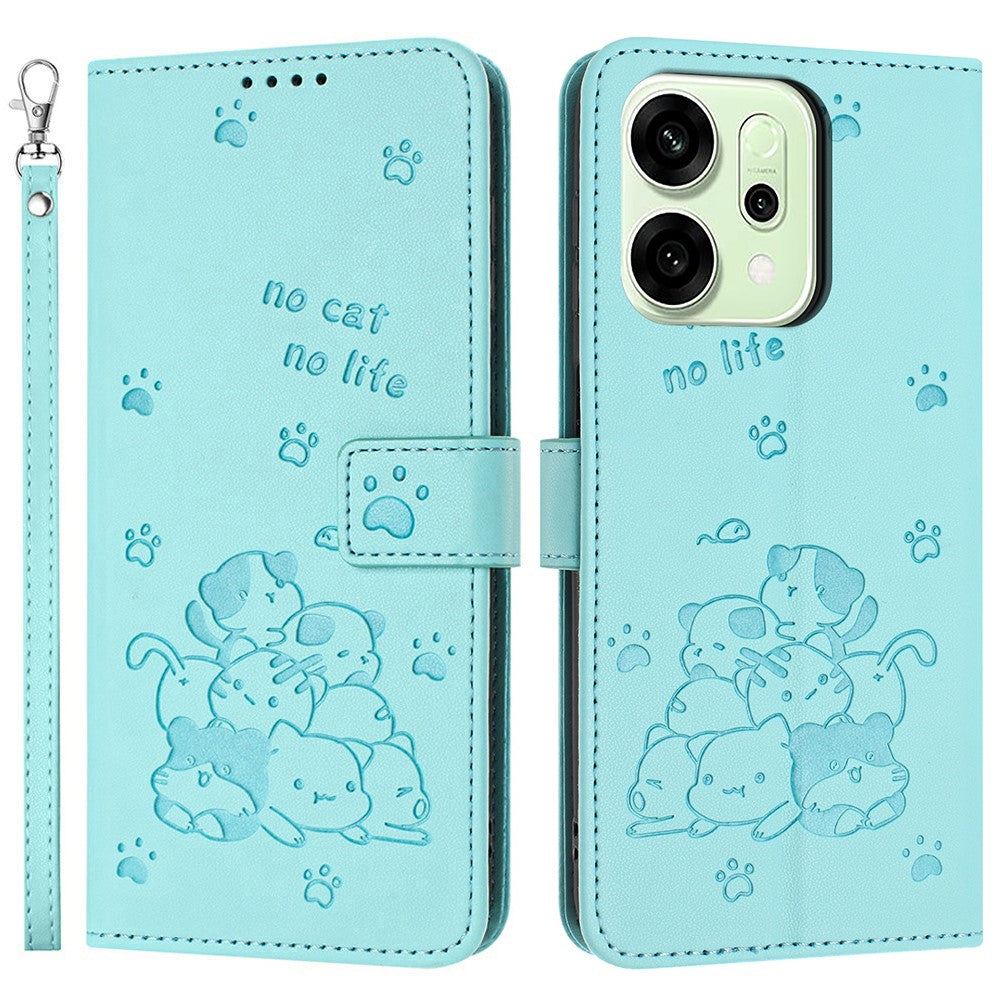 For Oppo Reno14 Pro 5G (Global) Wallet Case Cats Imprint Leather Phone Cover with Strap - Green