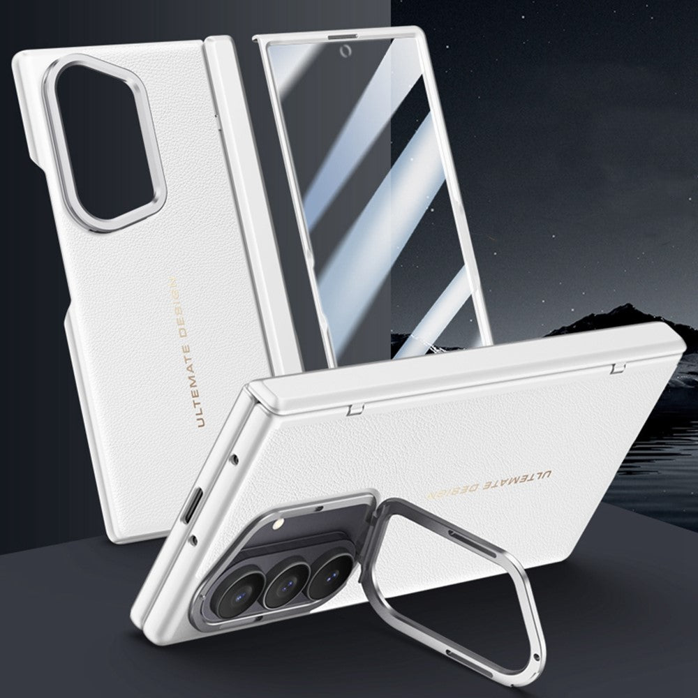 For Samsung Galaxy Z Fold7 5G Case Leather + PC Phone Cover with HD Tempered Glass Film, Lens Kickstand - White