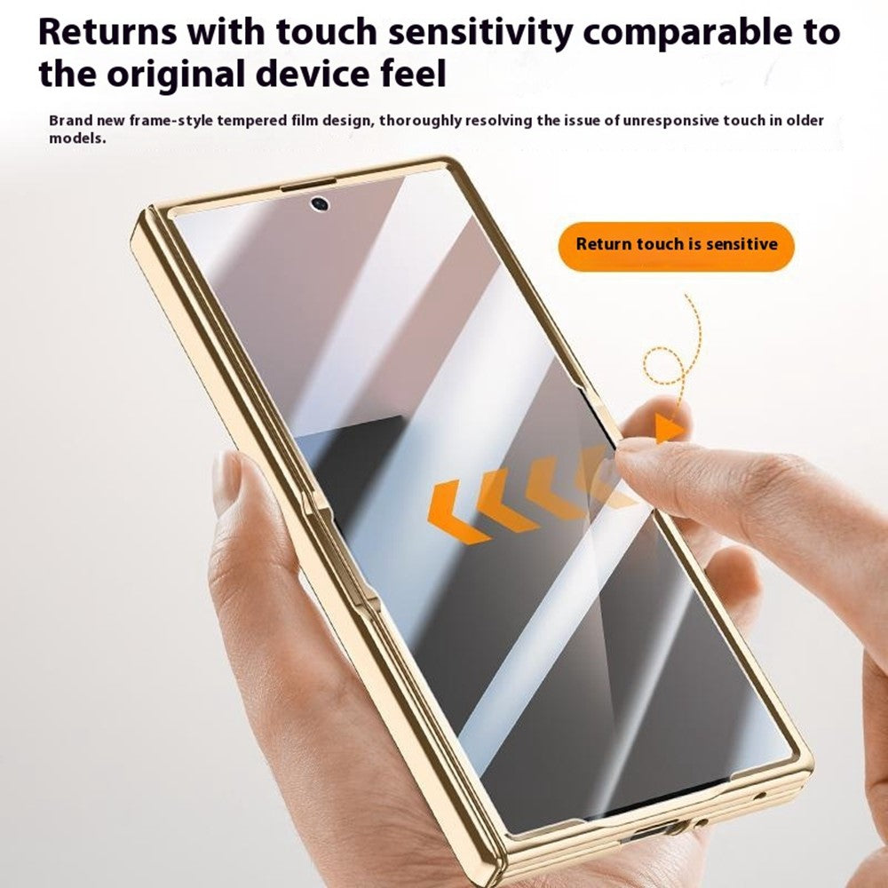 For Samsung Galaxy Z Fold7 5G Case Leather + PC Electroplated Phone Cover with HD Tempered Glass Film, Lens Kickstand - Blue