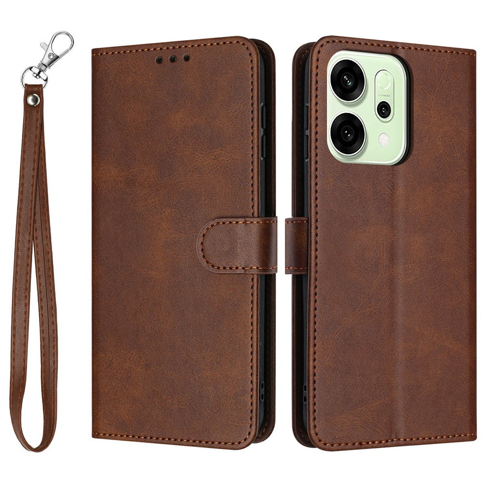 For Oppo Reno14 Pro 5G (Global) Case Flip Stand Calf Texture PU Leather Wallet Phone Cover with Strap - Brown