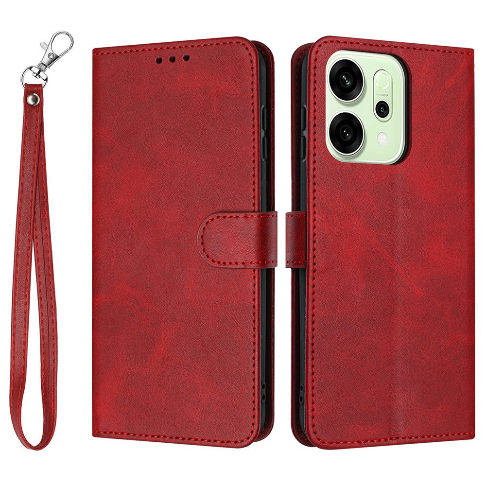 For Oppo Reno14 Pro 5G (Global) Case Flip Stand Calf Texture PU Leather Wallet Phone Cover with Strap - Red