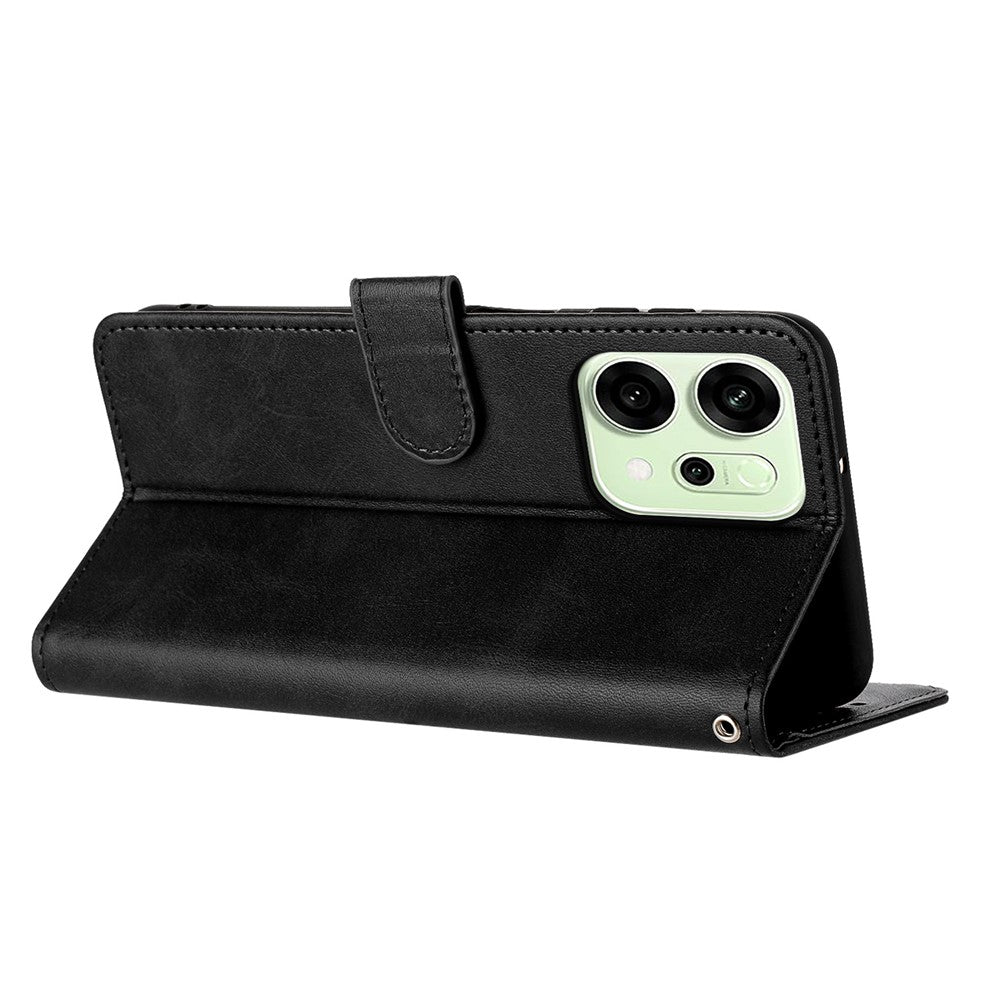 For Oppo Reno14 Pro 5G (Global) Case Flip Stand Calf Texture PU Leather Wallet Phone Cover with Strap - Black