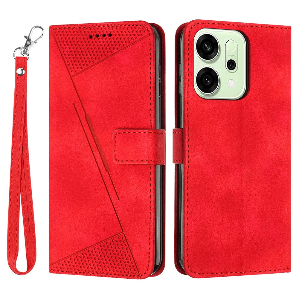 For Oppo Reno14 Pro 5G (Global) Leather Case Imprinted Triangle Phone Cover with Hand Strap - Red