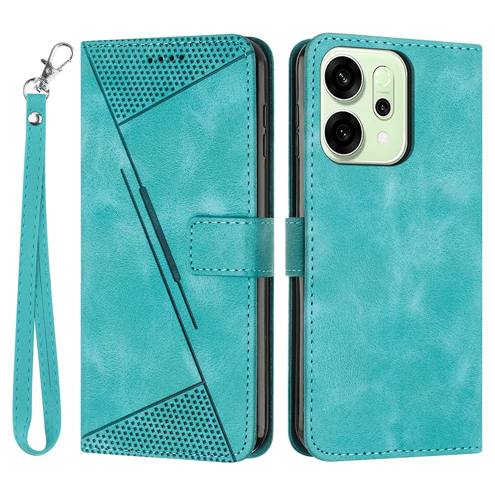 For Oppo Reno14 Pro 5G (Global) Leather Case Imprinted Triangle Phone Cover with Hand Strap - Green