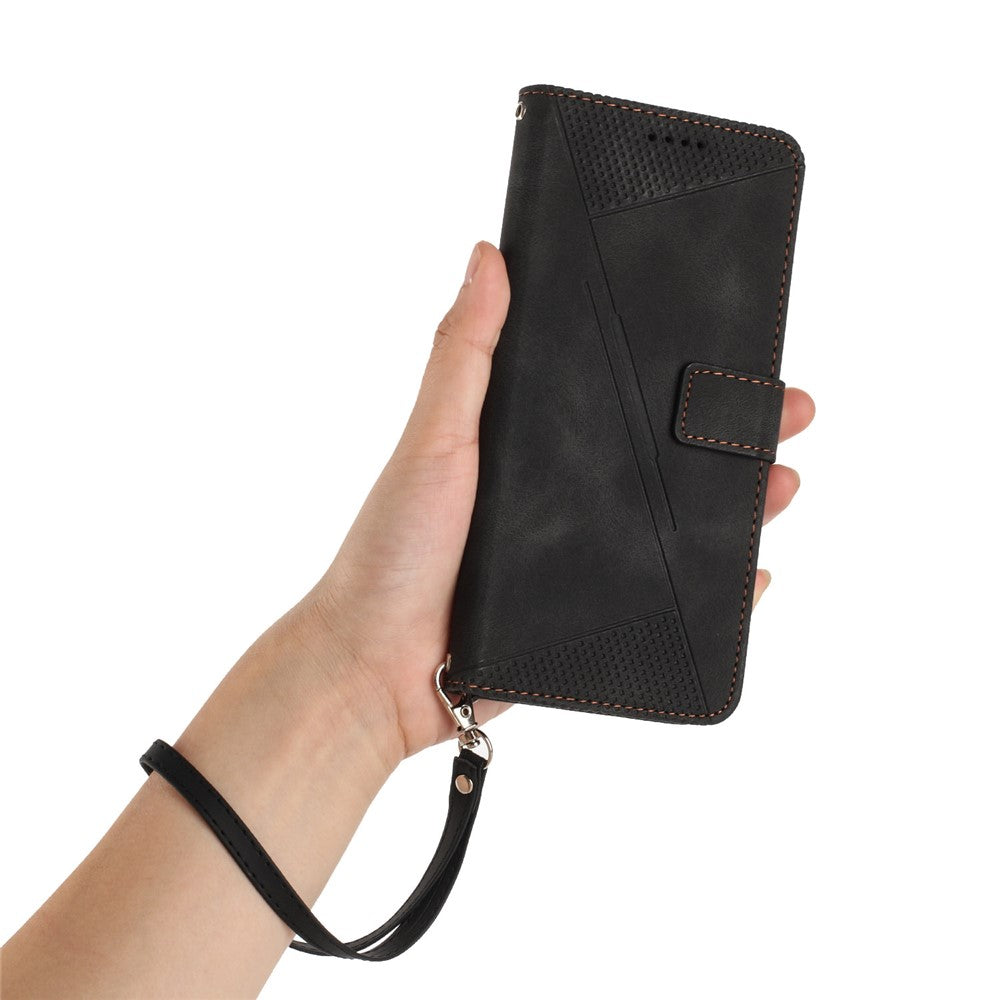 For Oppo Reno14 Pro 5G (Global) Leather Case Imprinted Triangle Phone Cover with Hand Strap - Black