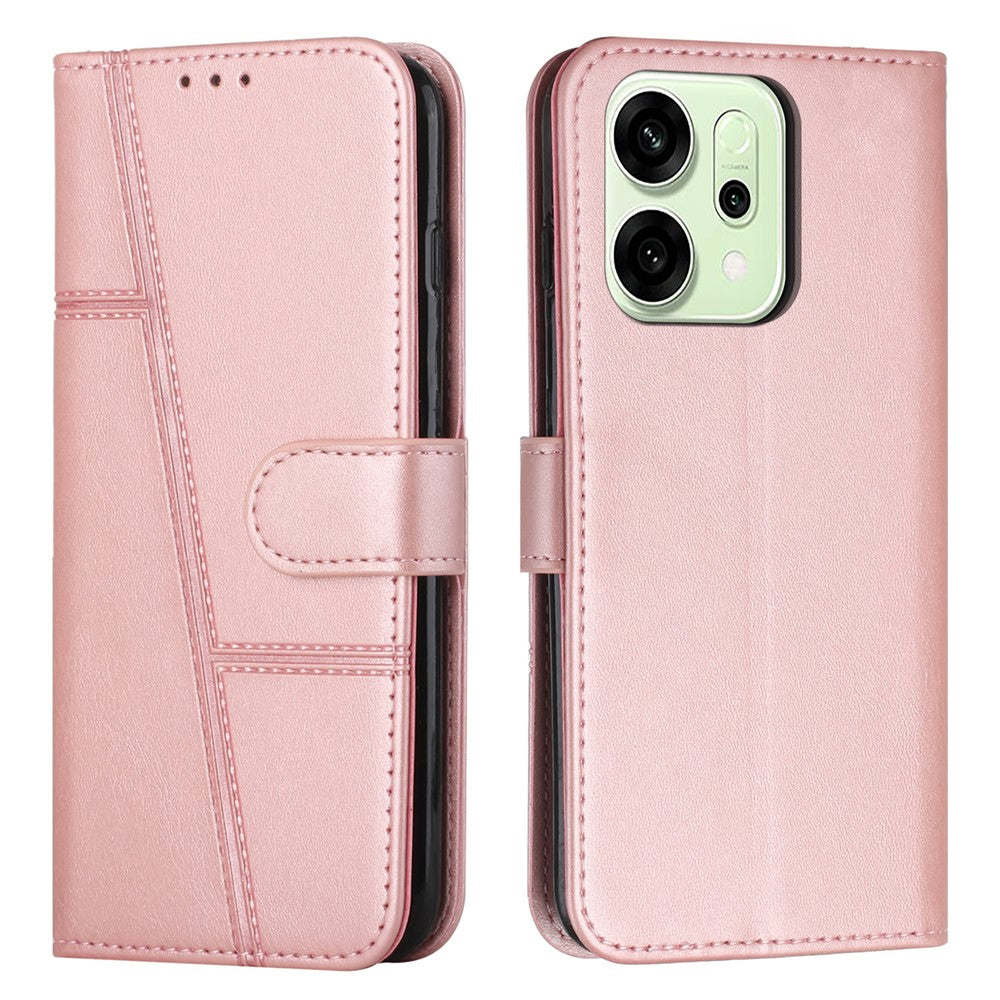 For Oppo Reno14 Pro 5G (Global) Leather Phone Case Foldable Stand Wallet Flip Cover with Strap - Rose Gold