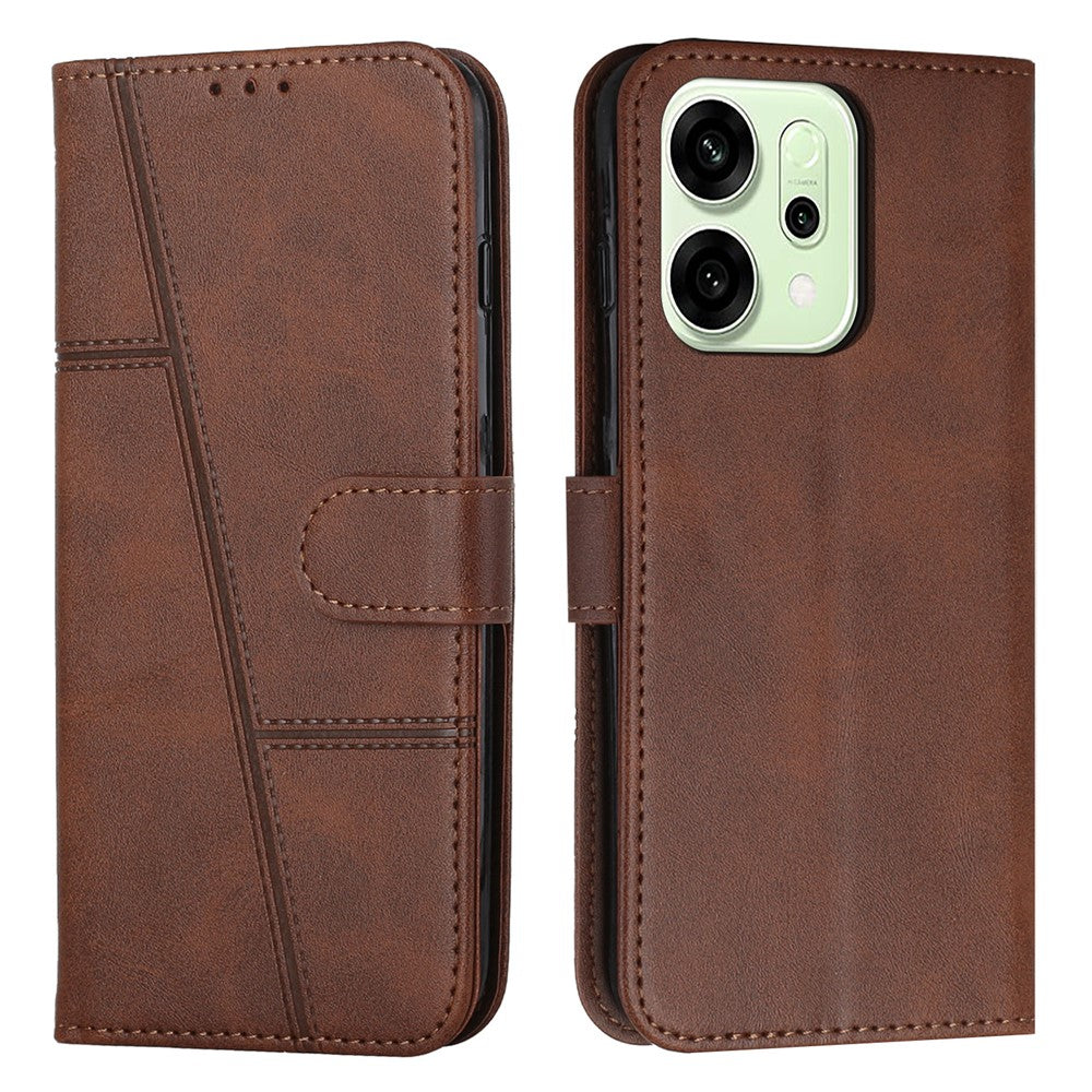 For Oppo Reno14 Pro 5G (Global) Leather Phone Case Foldable Stand Wallet Flip Cover with Strap - Brown
