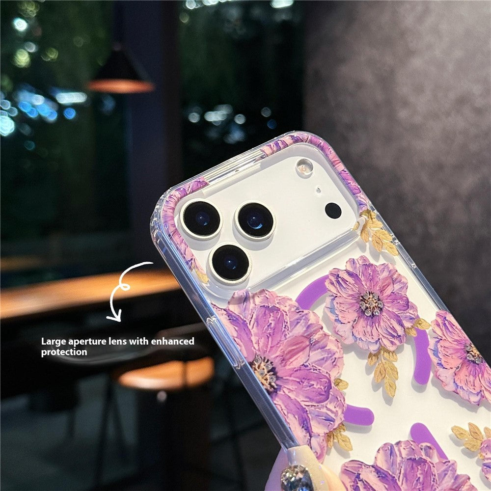 For iPhone 17 Pro Max Case Compatible with MagSafe Laser Flower PC + TPU Clear Phone Cover - Cream Flowers
