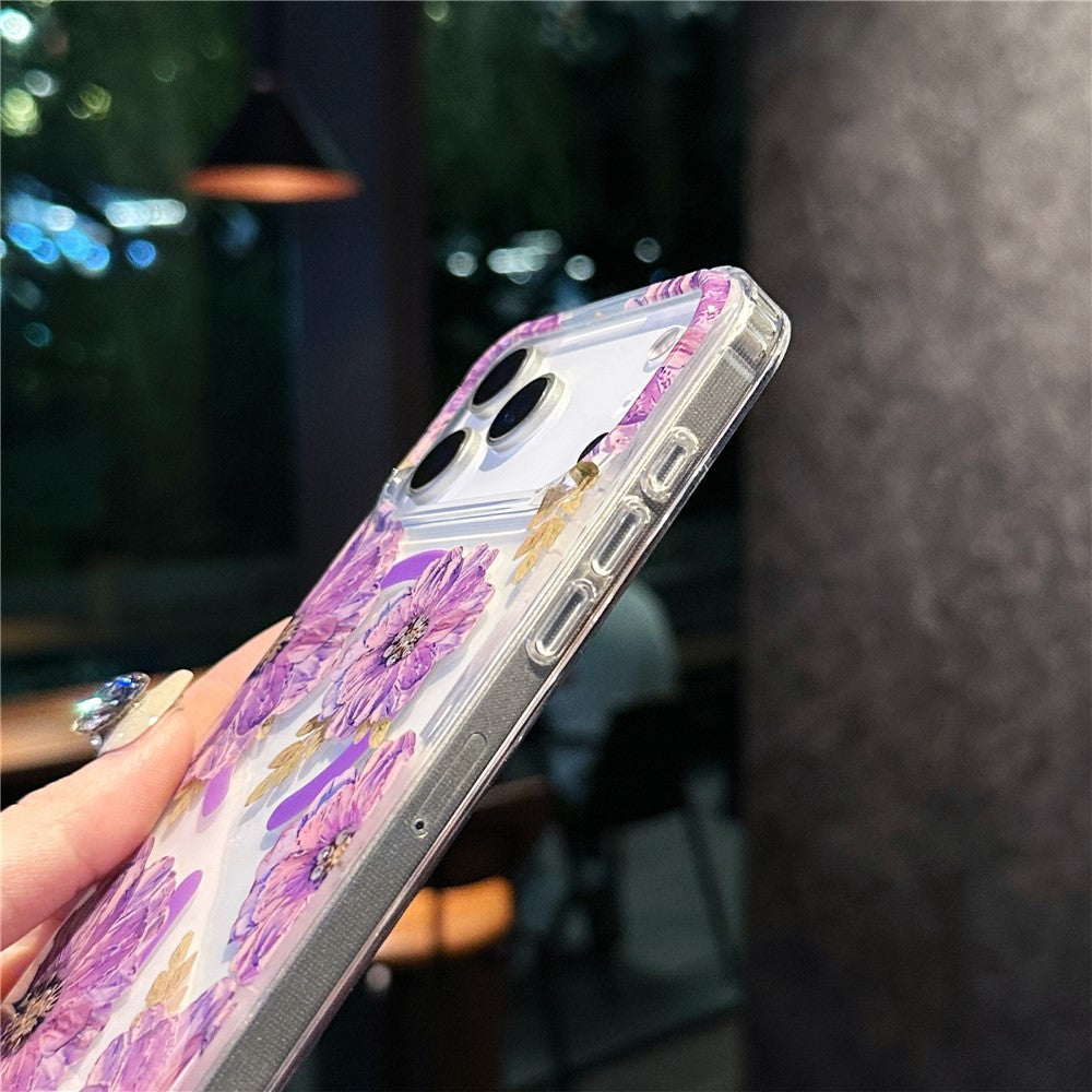 For iPhone 17 Pro Max Case Compatible with MagSafe Laser Flower PC + TPU Clear Phone Cover - Cream Flowers