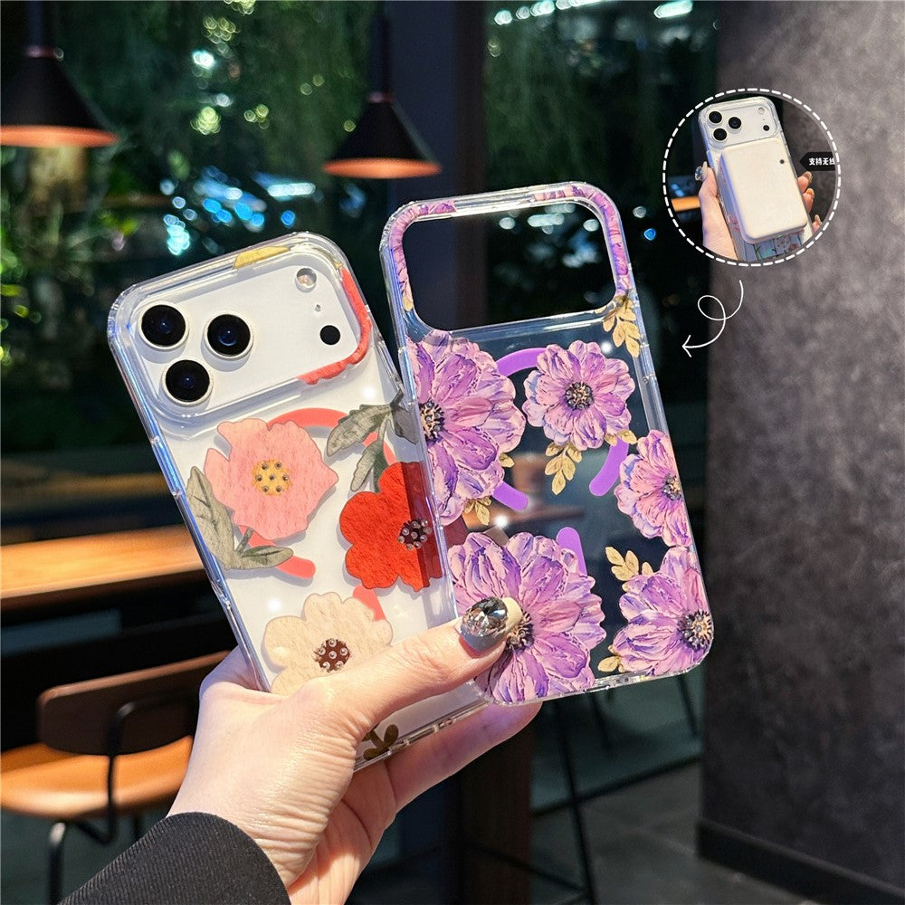 For iPhone 17 Pro Max Case Compatible with MagSafe Laser Flower PC + TPU Clear Phone Cover - Cream Flowers