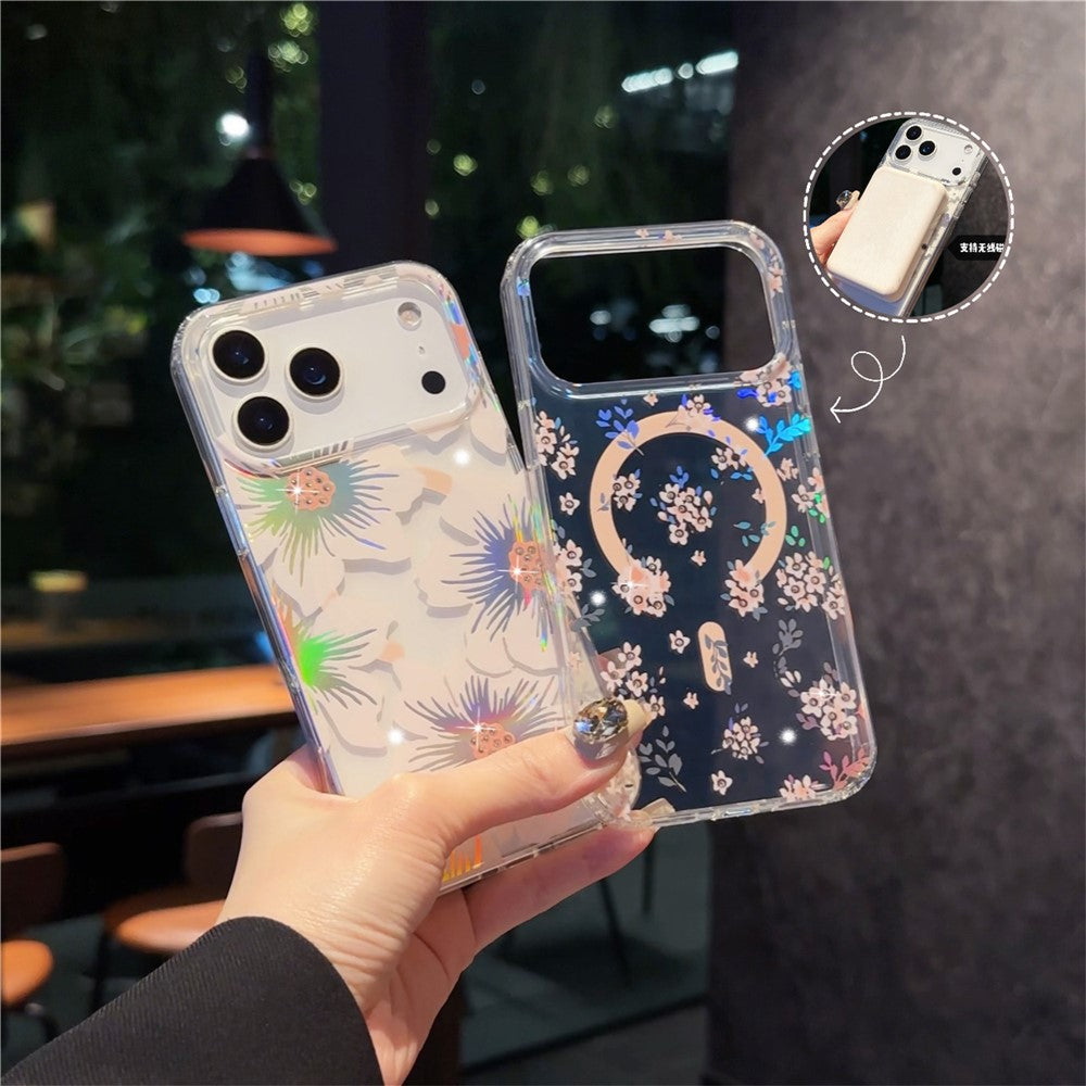 For iPhone 17 Pro Max Case Compatible with MagSafe Laser Flower PC + TPU Clear Phone Cover - Cream Flowers