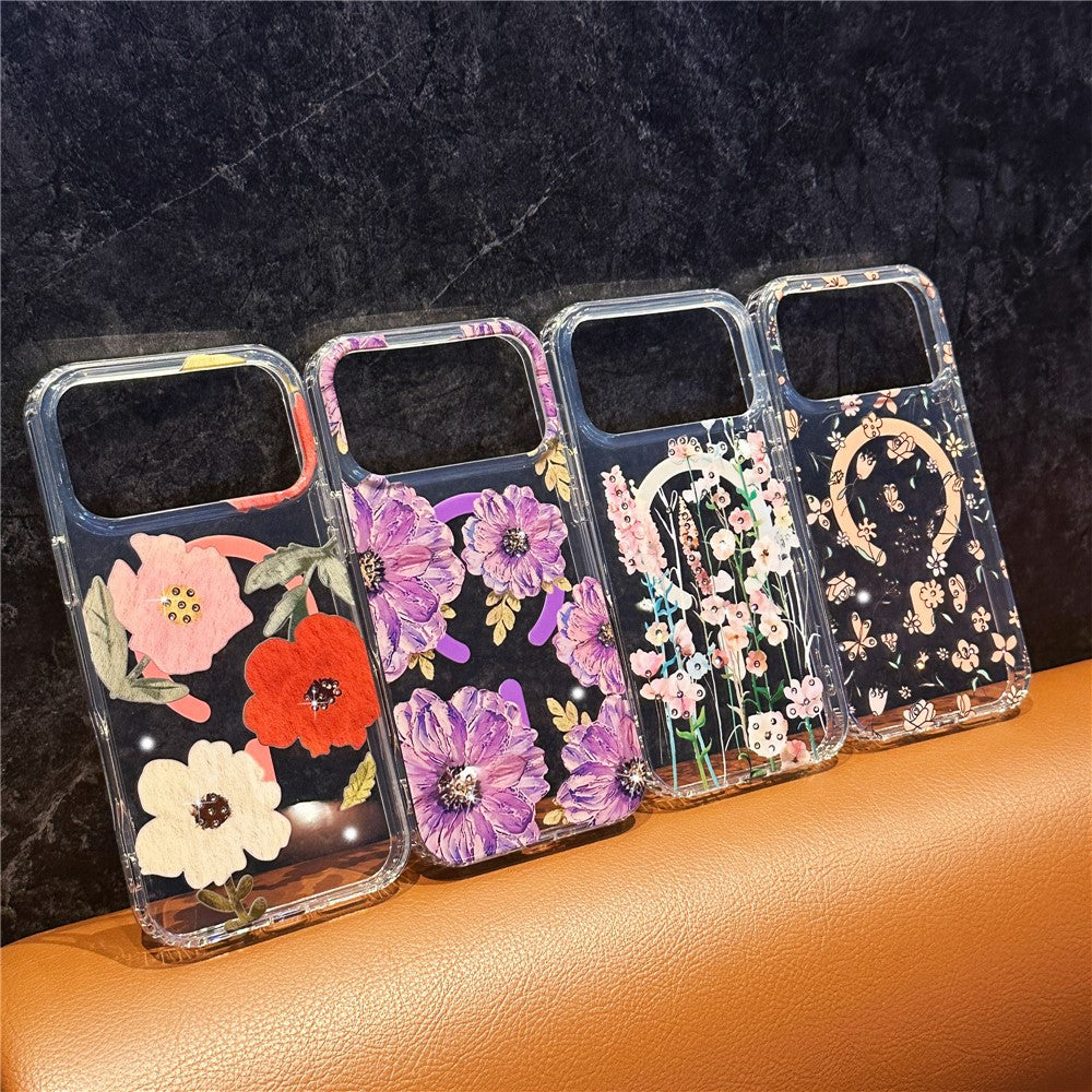 For iPhone 17 Pro Max Case Compatible with MagSafe Laser Flower PC + TPU Clear Phone Cover - Cream Flowers