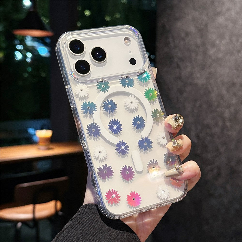 For iPhone 17 Pro Max Case Compatible with MagSafe Laser Flower PC + TPU Clear Phone Cover - Little Daisies