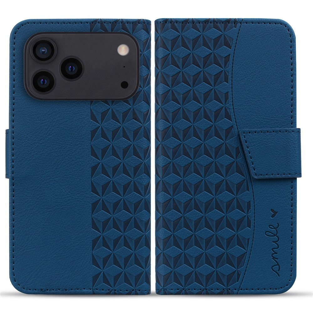 For iPhone 17 Pro Max Case Rhombus Pattern Leather Wallet Phone Cover with Wrist Strap - Blue