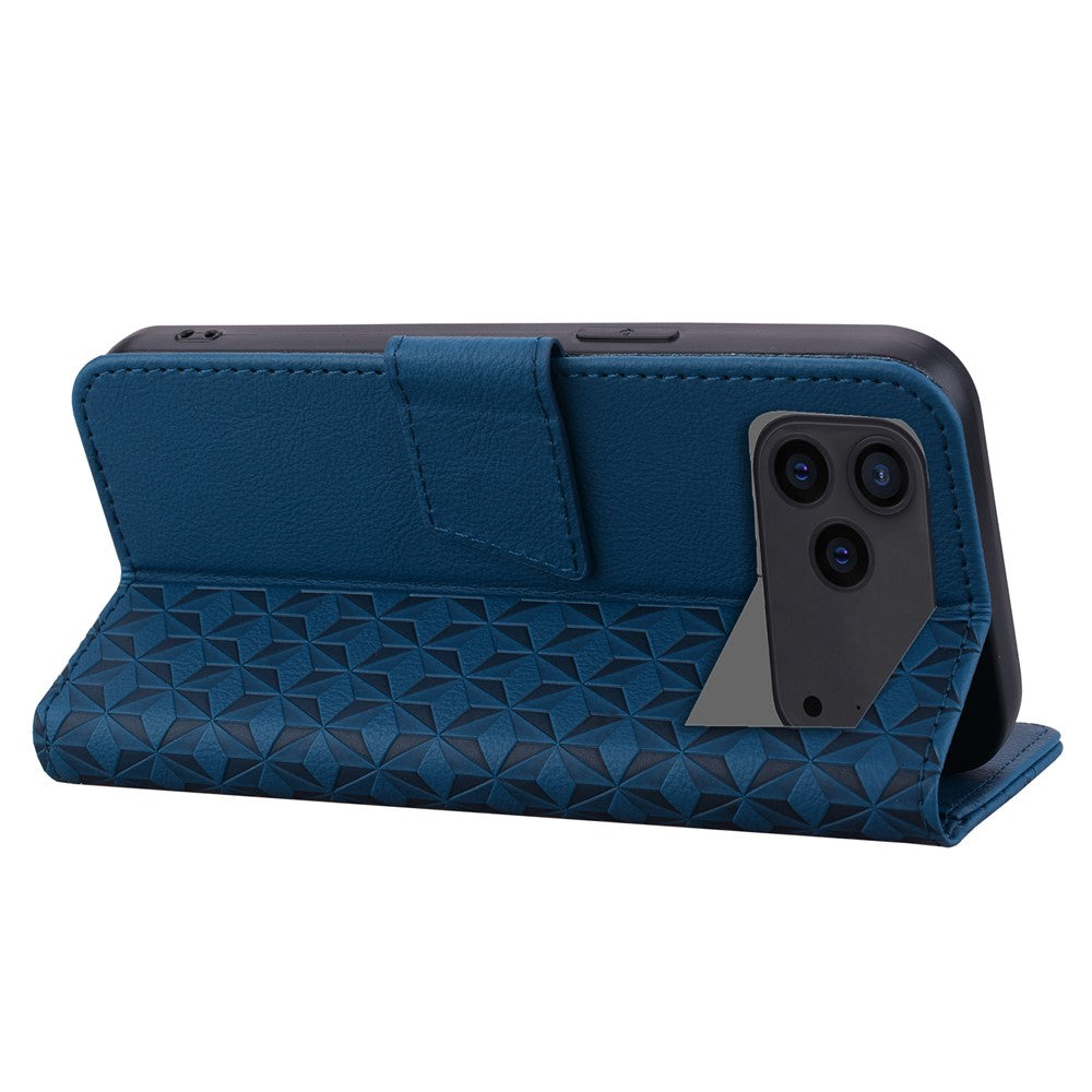 For iPhone 17 Pro Max Case Rhombus Pattern Leather Wallet Phone Cover with Wrist Strap - Blue