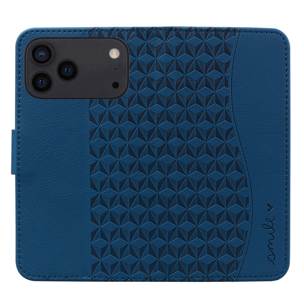 For iPhone 17 Pro Max Case Rhombus Pattern Leather Wallet Phone Cover with Wrist Strap - Blue