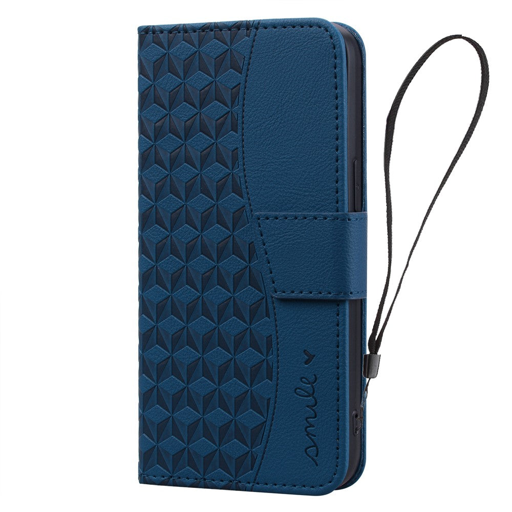 For iPhone 17 Pro Max Case Rhombus Pattern Leather Wallet Phone Cover with Wrist Strap - Blue