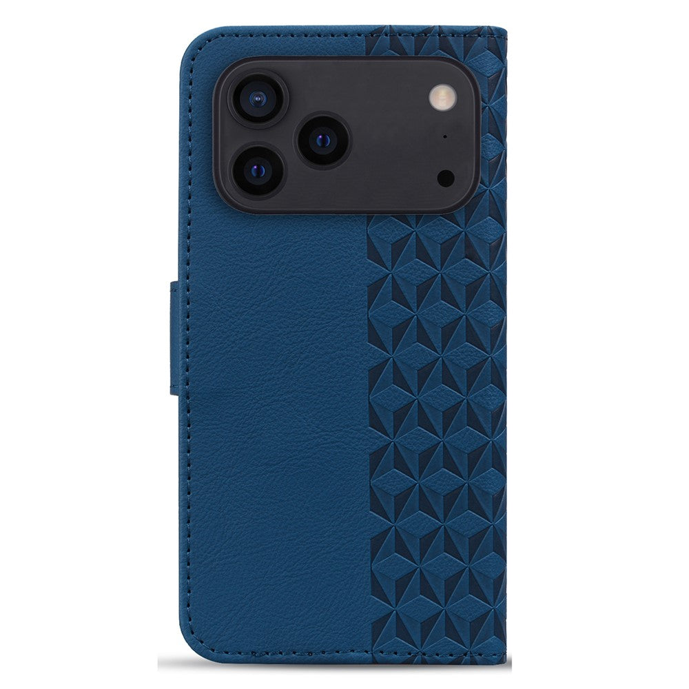 For iPhone 17 Pro Max Case Rhombus Pattern Leather Wallet Phone Cover with Wrist Strap - Blue
