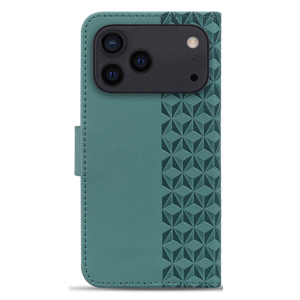 For iPhone 17 Pro Max Case Rhombus Pattern Leather Wallet Phone Cover with Wrist Strap - Green