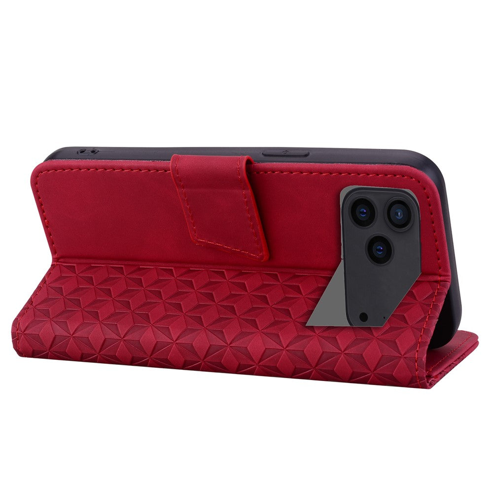 For iPhone 17 Pro Max Case Rhombus Pattern Leather Wallet Phone Cover with Wrist Strap - Red