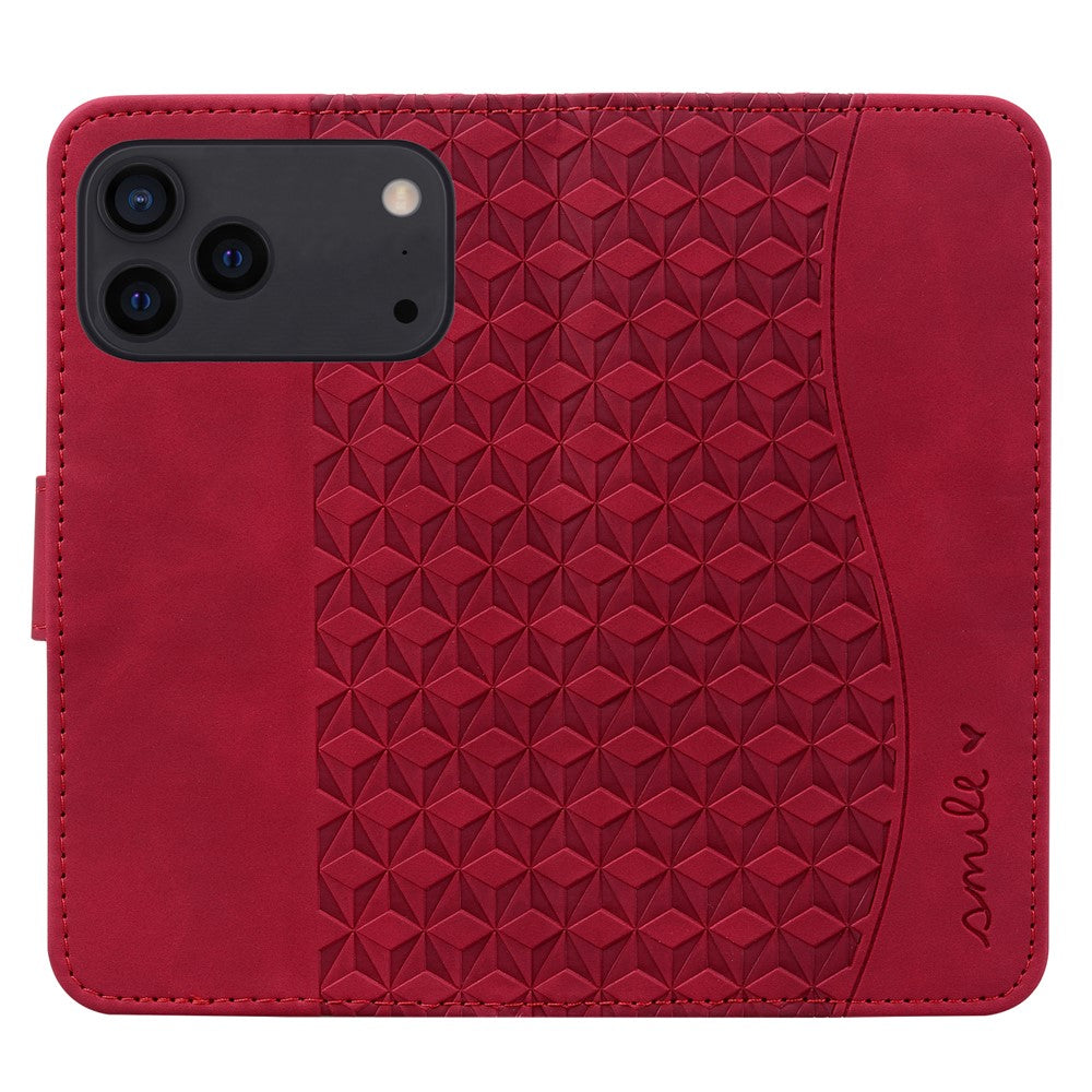 For iPhone 17 Pro Max Case Rhombus Pattern Leather Wallet Phone Cover with Wrist Strap - Red