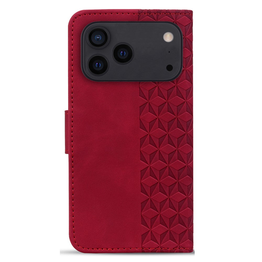 For iPhone 17 Pro Max Case Rhombus Pattern Leather Wallet Phone Cover with Wrist Strap - Red