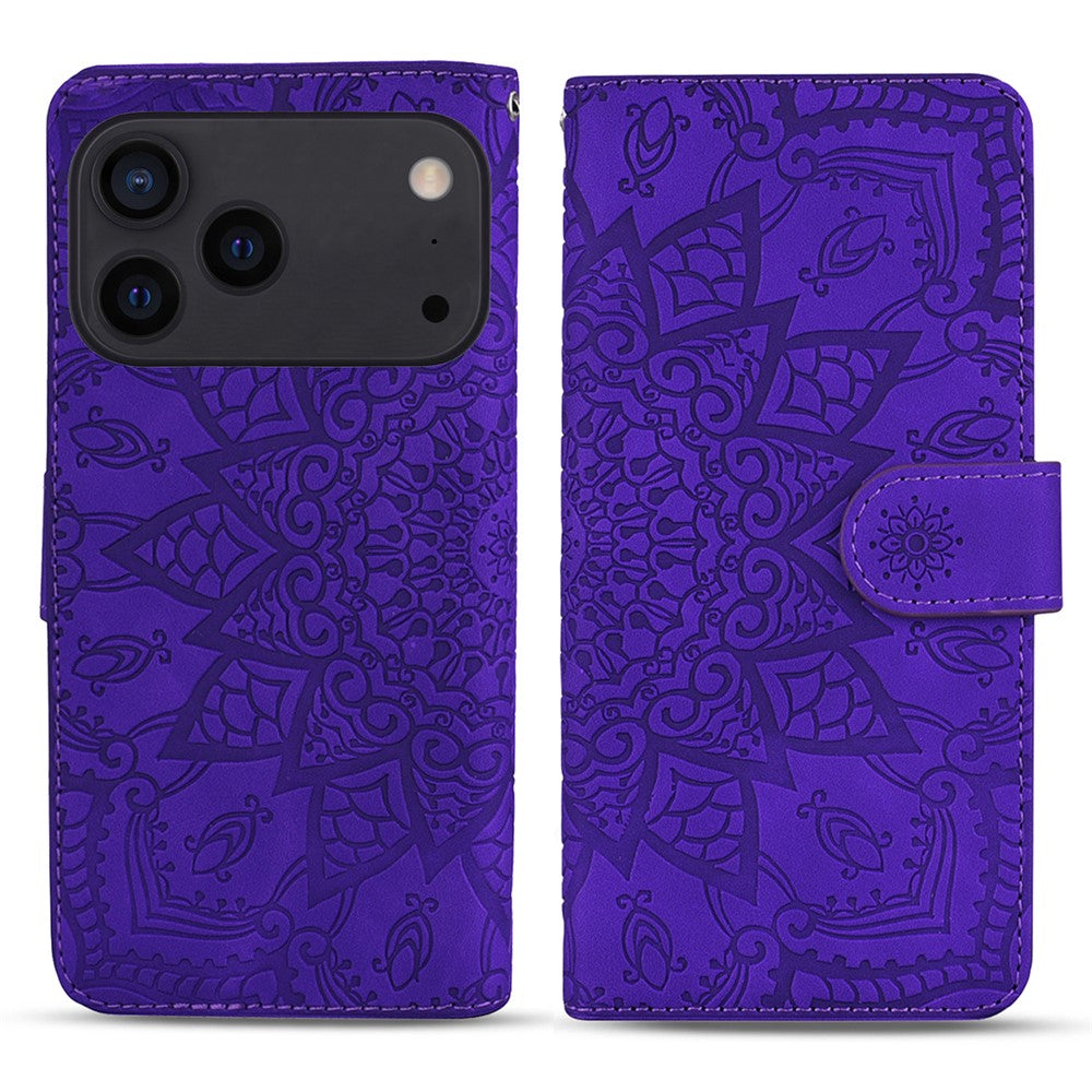 For iPhone 17 Pro Max Case Flower Imprinted PU Leather Wallet Flip Phone Cover with Wrist Strap - Purple