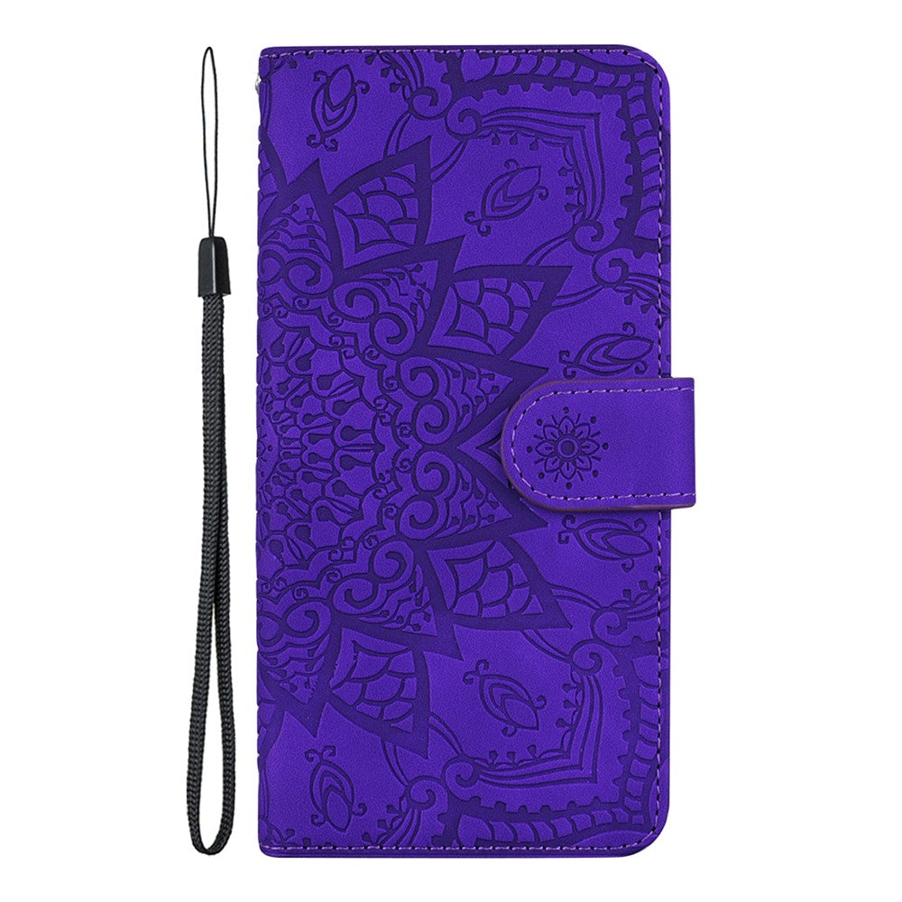For iPhone 17 Pro Max Case Flower Imprinted PU Leather Wallet Flip Phone Cover with Wrist Strap - Purple