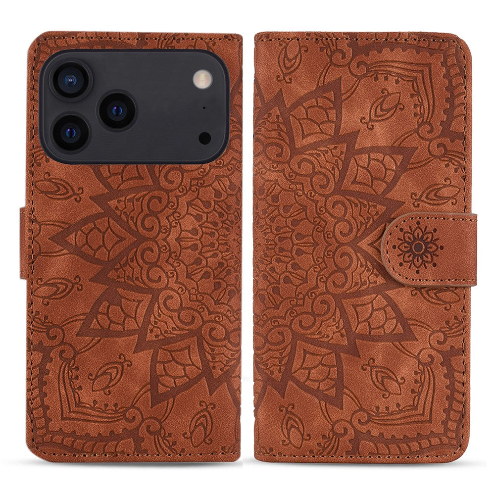 For iPhone 17 Pro Max Case Flower Imprinted PU Leather Wallet Flip Phone Cover with Wrist Strap - Brown