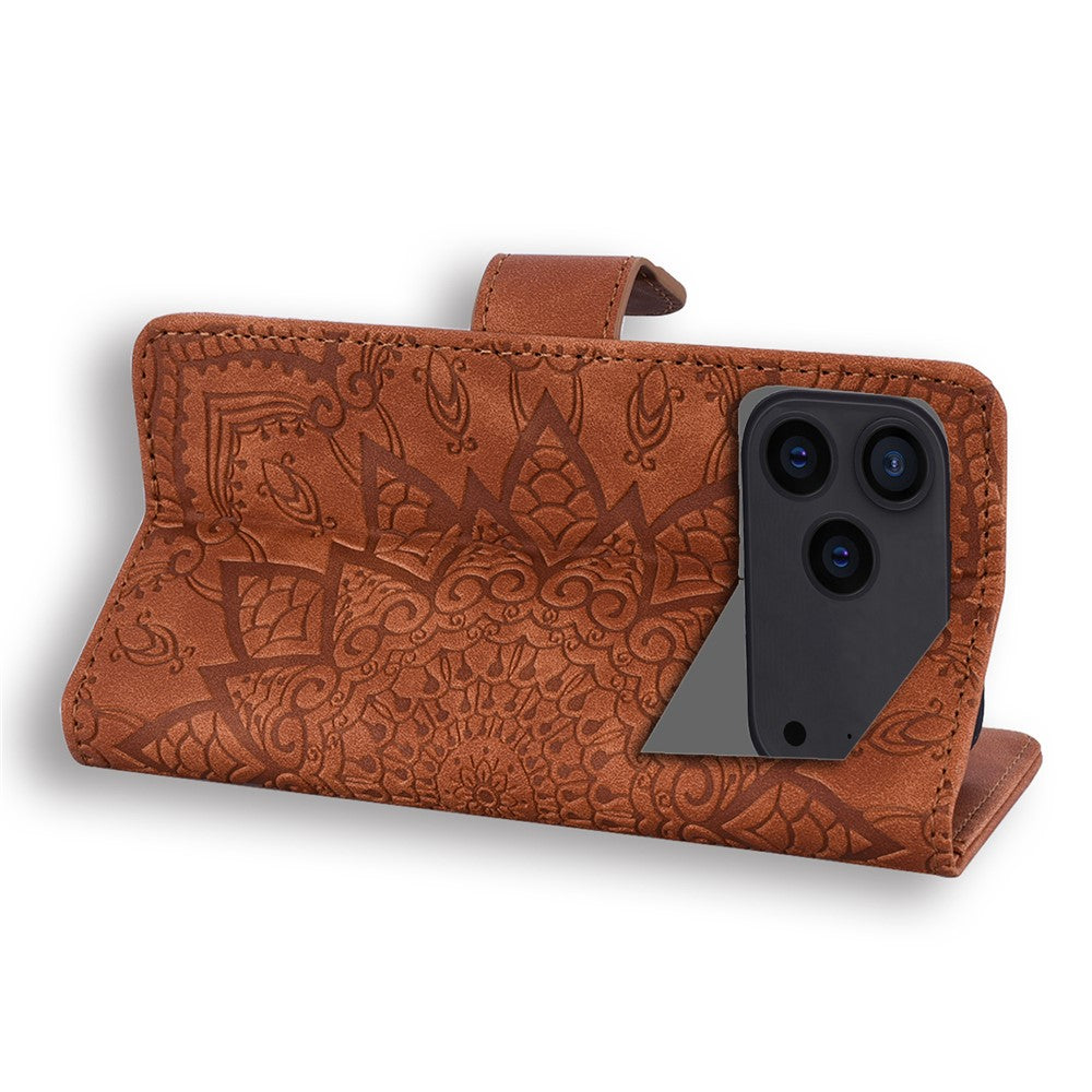 For iPhone 17 Pro Max Case Flower Imprinted PU Leather Wallet Flip Phone Cover with Wrist Strap - Brown