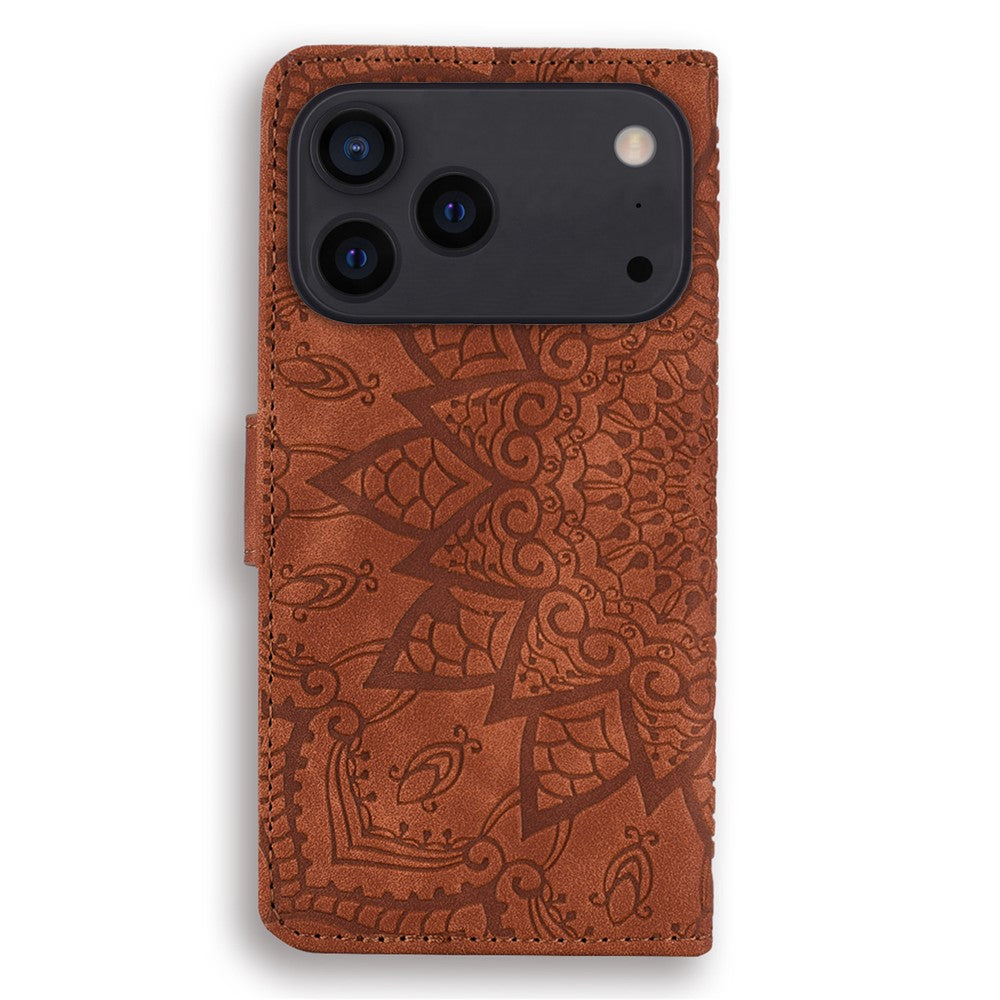 For iPhone 17 Pro Max Case Flower Imprinted PU Leather Wallet Flip Phone Cover with Wrist Strap - Brown