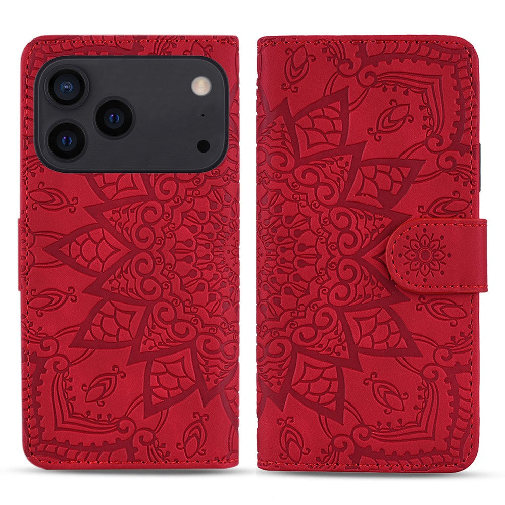 For iPhone 17 Pro Max Case Flower Imprinted PU Leather Wallet Flip Phone Cover with Wrist Strap - Red