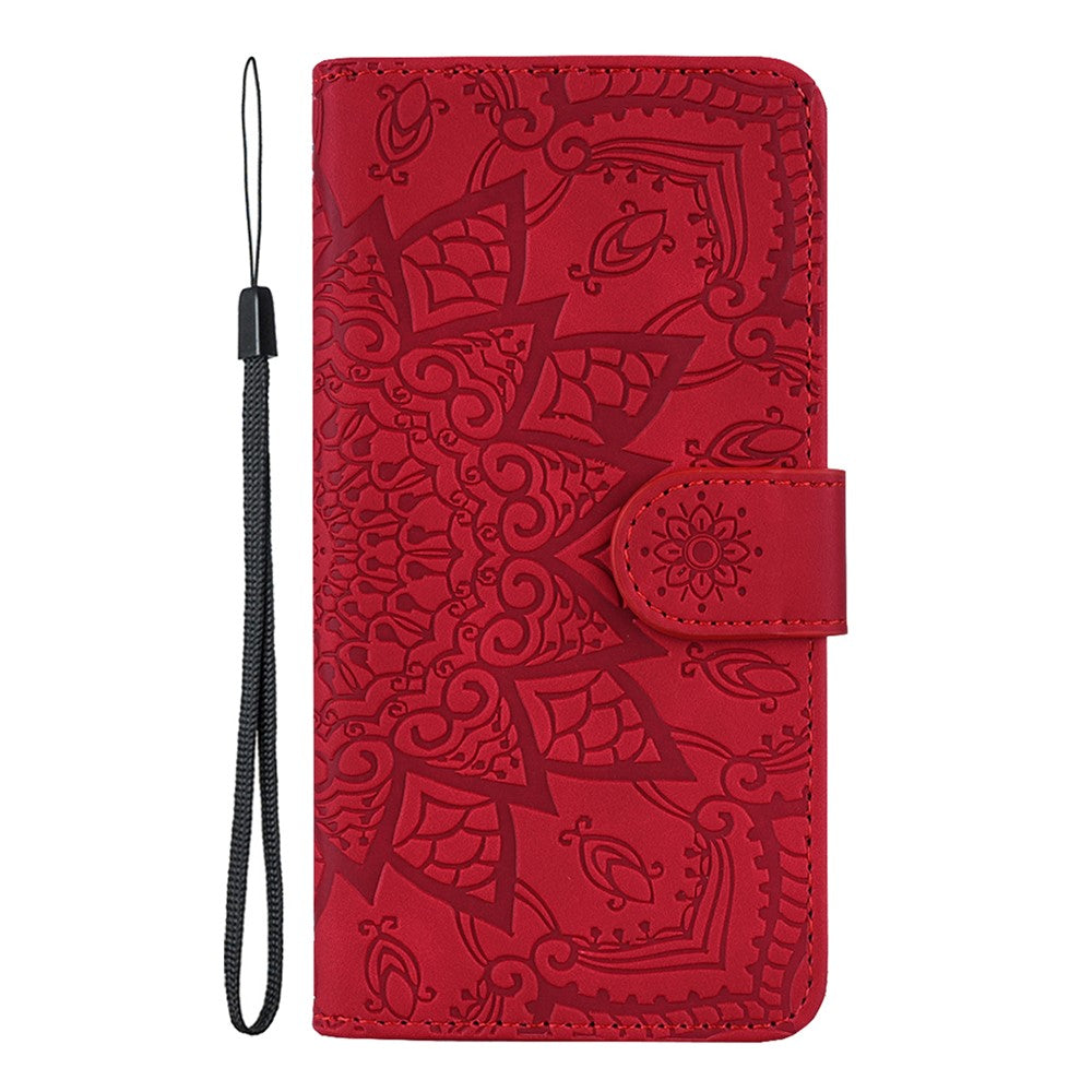 For iPhone 17 Pro Max Case Flower Imprinted PU Leather Wallet Flip Phone Cover with Wrist Strap - Red