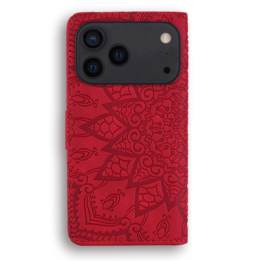 For iPhone 17 Pro Max Case Flower Imprinted PU Leather Wallet Flip Phone Cover with Wrist Strap - Red