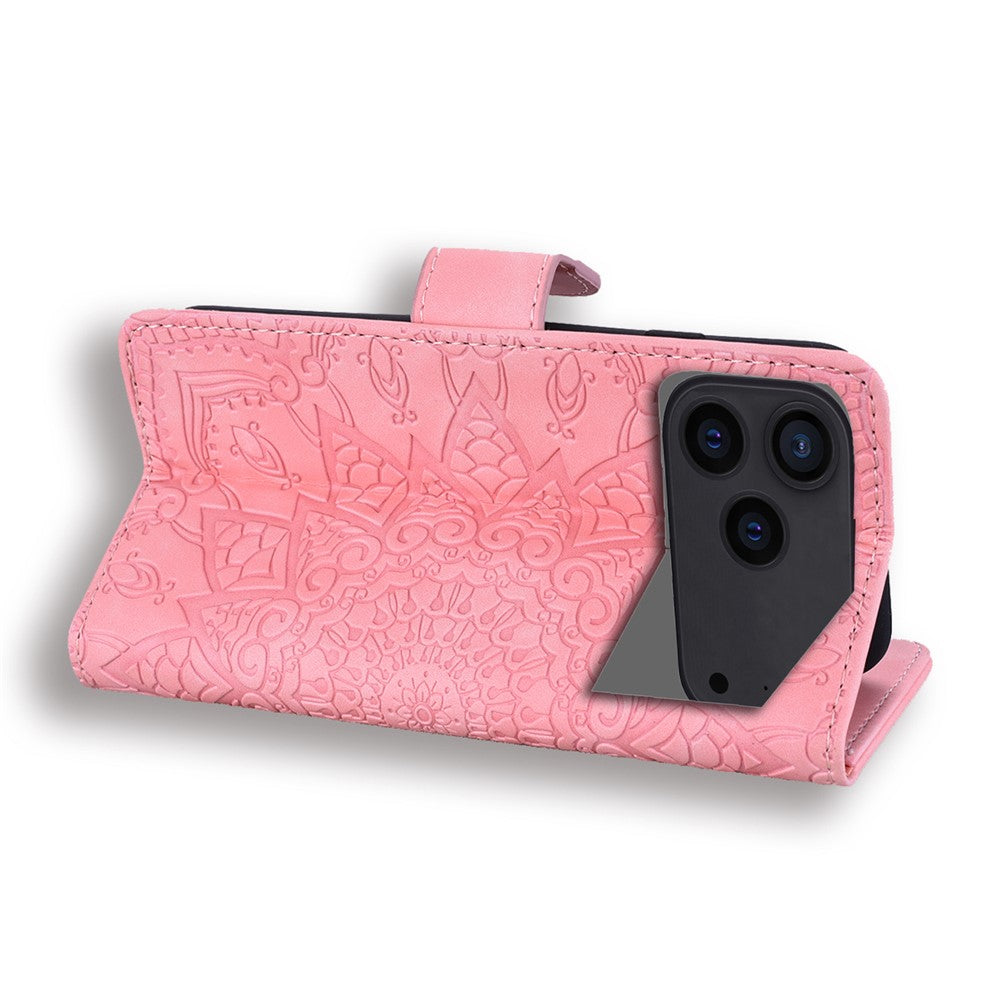 For iPhone 17 Pro Max Case Flower Imprinted PU Leather Wallet Flip Phone Cover with Wrist Strap - Pink