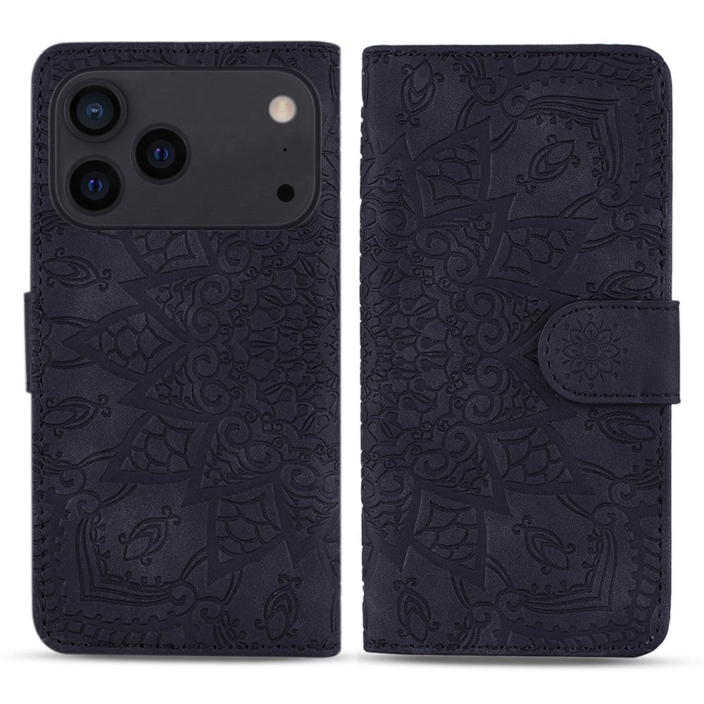 For iPhone 17 Pro Max Case Flower Imprinted PU Leather Wallet Flip Phone Cover with Wrist Strap - Black