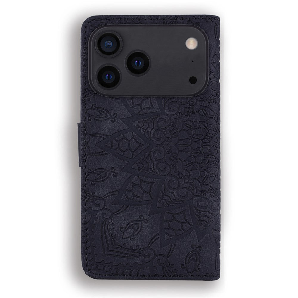For iPhone 17 Pro Max Case Flower Imprinted PU Leather Wallet Flip Phone Cover with Wrist Strap - Black