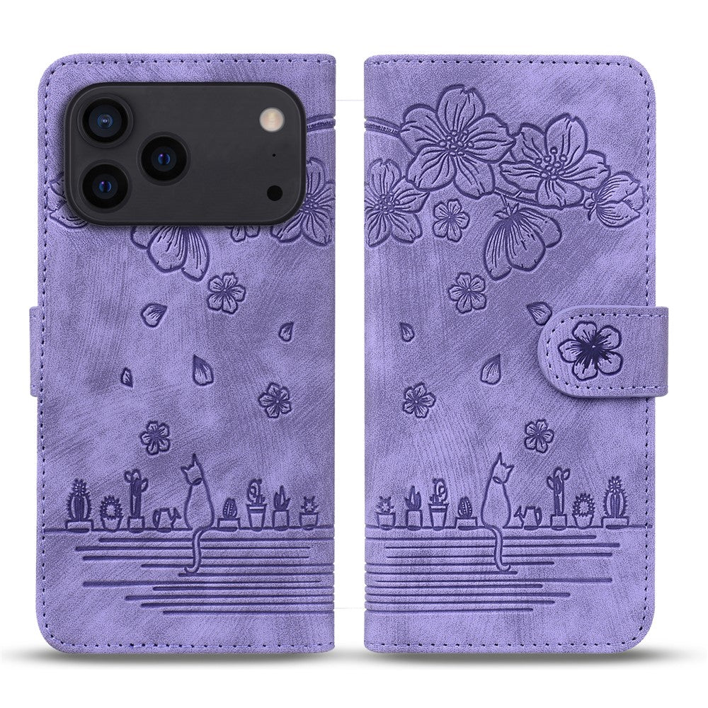For iPhone 17 Pro Max Case Cherry Blossom Cat Imprinted Leather Phone Cover with Wrist Strap - Purple