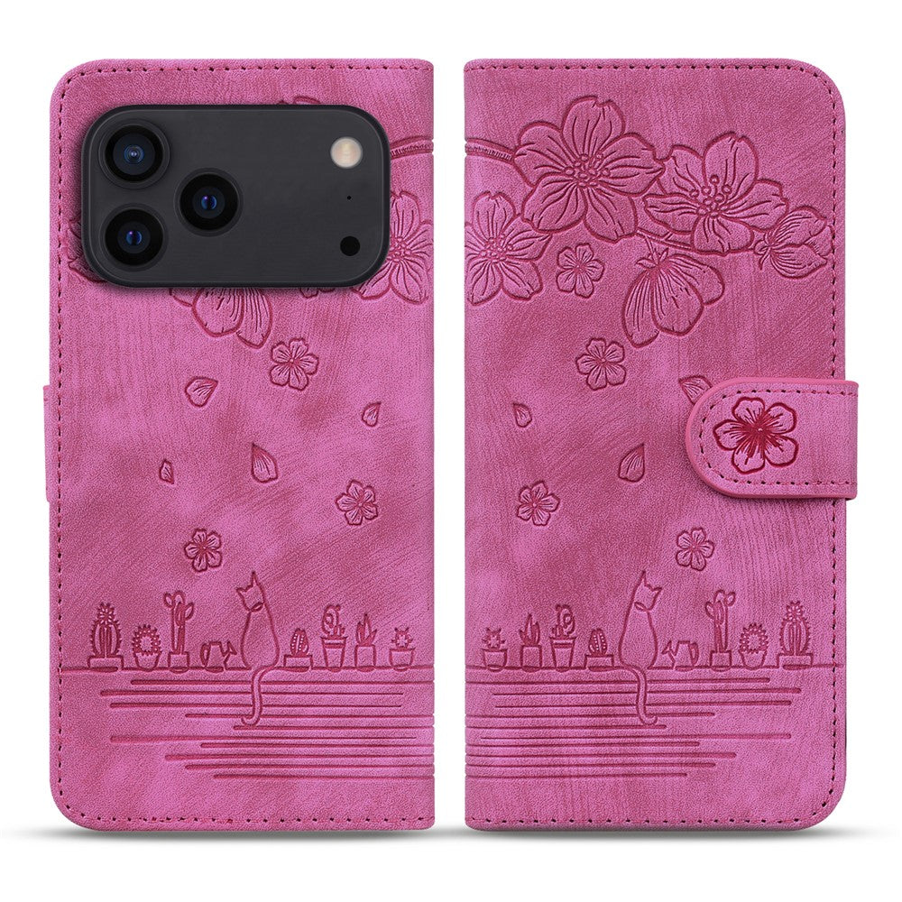 For iPhone 17 Pro Max Case Cherry Blossom Cat Imprinted Leather Phone Cover with Wrist Strap - Rose