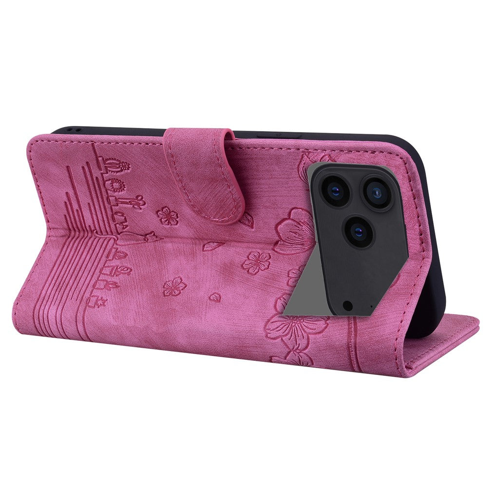 For iPhone 17 Pro Max Case Cherry Blossom Cat Imprinted Leather Phone Cover with Wrist Strap - Rose