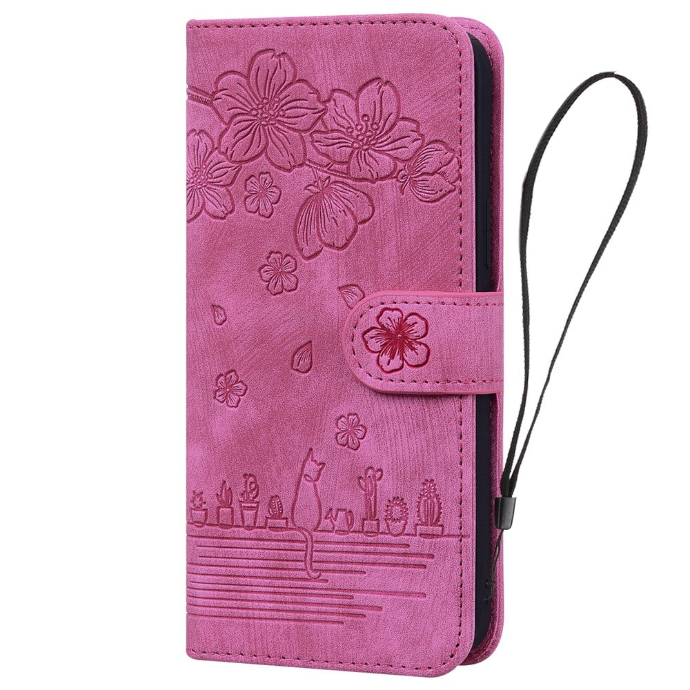 For iPhone 17 Pro Max Case Cherry Blossom Cat Imprinted Leather Phone Cover with Wrist Strap - Rose